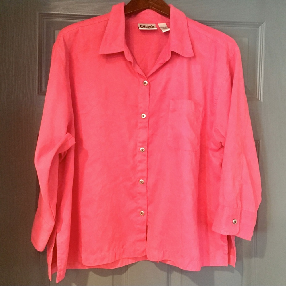 Chico’s Pink Faux Suede Button Down Blouse Size 3